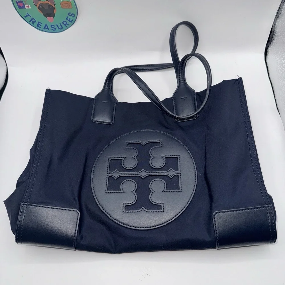 Tory Burch Ella Tote Navy Nylon Small‎ Bag Largo Logo Patch Double Handle